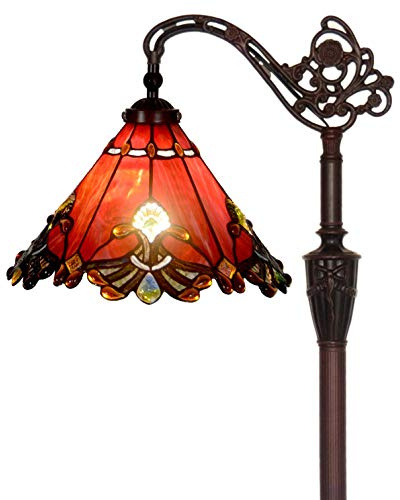Bieye L10681 Baroque Tiffany Style Stained Glass Reading Floor Lamp with 13 Inch Wide Handmade Lampshade, Metal Base with Dark Brown Baking Finish, Red, 65 Inch Tall