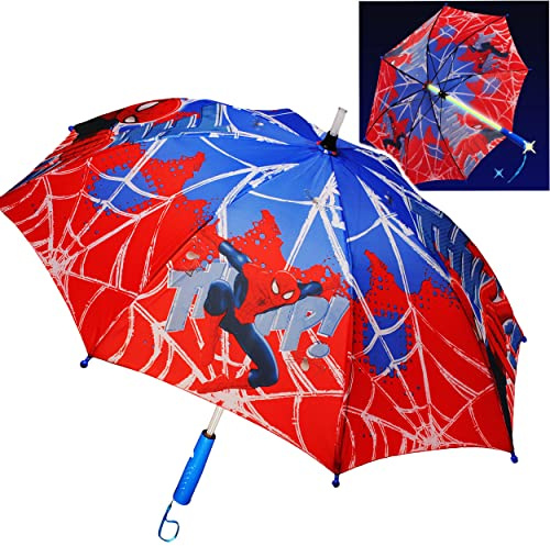 alles-meine.de GmbH Kinderschirm/Regenschirm LED Licht Farbwechsel + Taschenlampe Spyderman - Ø 85 cm - groß/Stockschirm mit Griff - Kinder - Automatikregenschirm - für J..