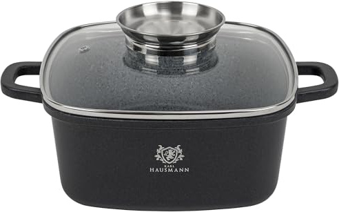 KARL HAUSMANN Cocotte Induction 20 cm 2.3 L Antiadhésive, Noir | Faitout aluminium antiadhésif GREBLON, avec couvercle, tous feux induction et four jusqu’à 220°C