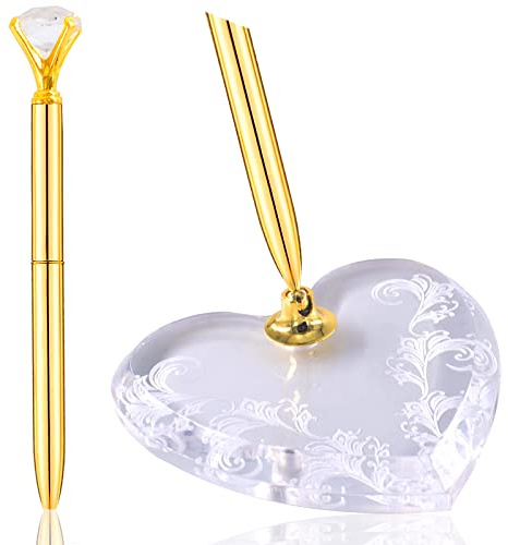 KeaJuidy Stylo de Signature Pen Réception de Mariage Invité avec Support en Métal - Cadeau de Papeterie Décorations pour Réception Base Acrylique Coeur Doré