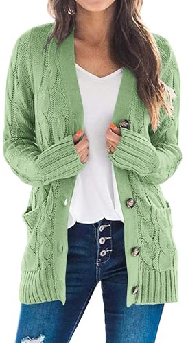 PRETTYGARDEN Women's Open Front Cardigan Sweaters Fall Fashion Button Down Cable Knit Chunky Winter Clothing Outerwear Coats (Light Green,Small)