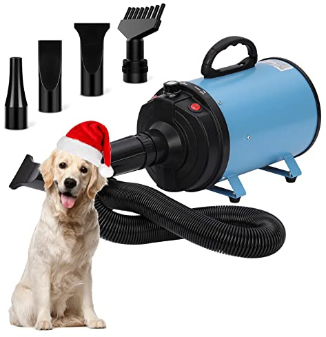 XKISS Soffiatore per Cani 3200W/4.5 PS, Asciugatore per Cani,Continua con velocità e Temperatura Regolabile Asciugacapelli per Animali Domestici, con 4 Ugelli Diversi (Blu)