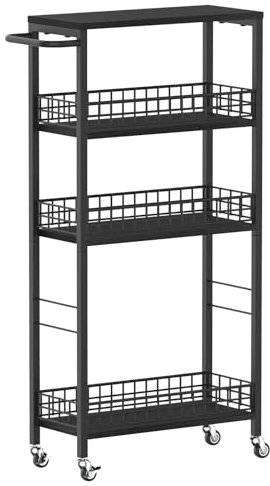 NORCEESAN 4 Tier schlanker Lagerwagen, schmaler Küchenwagen auf Rädern, Utility Rolling Cart mit Holztischtisch Mobile Regalseinheit Bad Aufbewahrungsorganisator Rolling Turm (Schwarz)