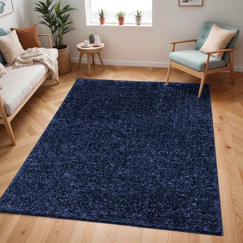 Livabliss Shaggy Spesso - Soggiorno, Sala da Pranzo, Camera Adulti e Ragazzi, Cucina - Pelo Lungo Morbido e Soffice Monocromatico, Motivo Berbero, Tappeto Camera Tinta Unita 160x213 cm - Blu Navy