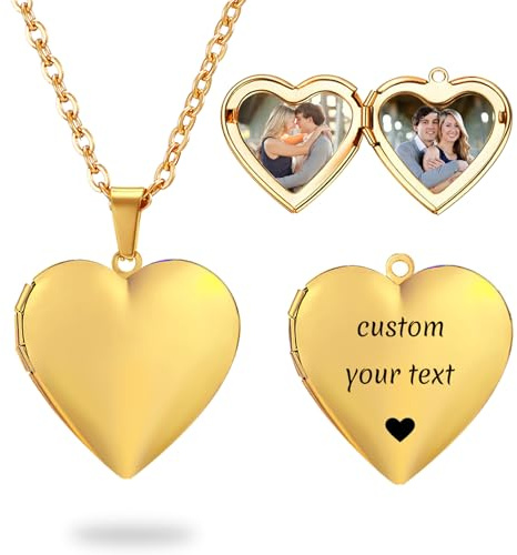 PHOCKSIN Glossy Gold Heart Lockets Personalized Locket Necklace Custom Photo Locket Necklace for Women Picture Locket Necklaces with Text & Symbols Engraved Customized Gifts for Women