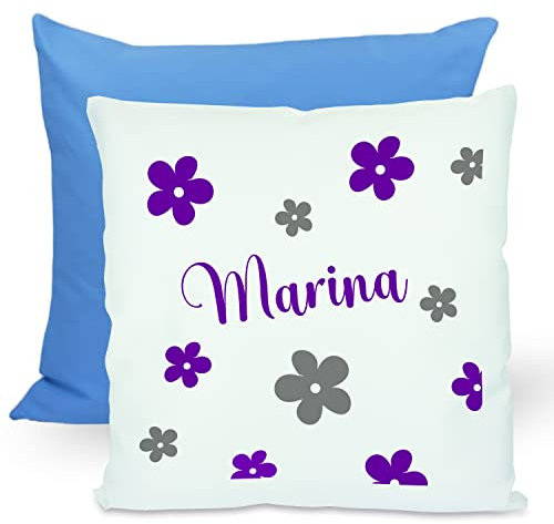 CreaDesign, Kinder Kissen 40x40 cm personalisiert mit Namen, Kinderzimmer Deko Kissen Kinder mit Füllung Federn, Motiv Blumen lila grau, Rückenfarbe Blau