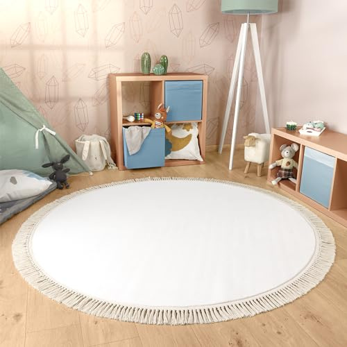 Paco Home Teppich Rund Wohnzimmer Kinderzimmer Hochflor rutschfest Einfarbiges Design Mit Fransen Weich Moderne Deko, Grösse:Ø 100 cm Rund, Farbe:Creme