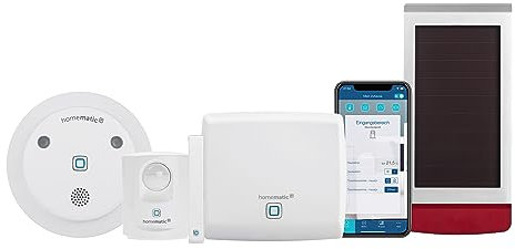 Homematic IP Smart Home Starter Set Alarm, digitaler Fenstersensor und Bewegungsmelder, Funk Innensirene und Außensirene mit Solarpanel, warnt hörbar, sichtbar und per kostenloser Homematic IP App