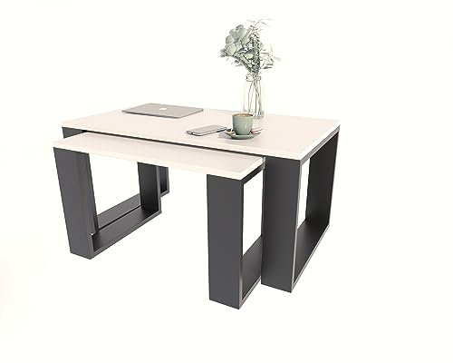 MATKAM Satztisch 2er Set WESTA, Couchtisch im Industrie-Stil, hoher Beistelltisch B100 x T50 x H47,8 cm, niedriger Beistelltisch B78 x T39 x H45,3 cm, einfache Montage (Weiß)