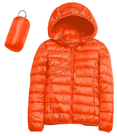 Women's Warm Waterproof Lightweight Jacket with Hood Windproof Winter Coat with Recycled Insulation Winter Slim Short with Hood Warm White Duck Down Coat Waterproofing Spray Ski Clothing, orange, S