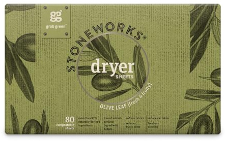 Grab Green Stoneworks Feuilles de séchage, 80 feuilles, parfum feuille d'olivier, à base de plantes et minéraux, adoucit les tissus, réduit l'adhérence statique et les rides, rafraîchit les vêtements