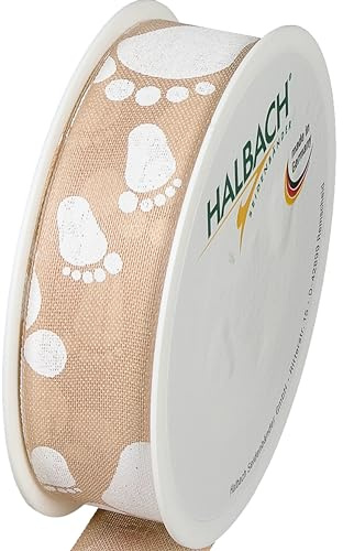 Halbach Geschenkband Baby Füße, 25 mm x 16 m, natur/weiß | Schleifenband in Baumwolloptik, Made in Geramny und waschbar für die Babyshower, zum Dekorieren und Verpacken von Geschenken