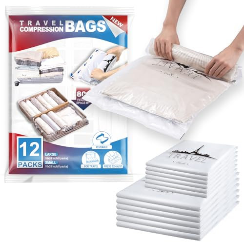 TAILI Roll Up Vacuum Storage Bags for Clothes Travel 12 Packs 6 Large, 6 Medium Reusable Storage Bags Saves 80% of Space No Need Vacuum Machine or Pumpfor for Travel, Clothes, Bedding, Moving