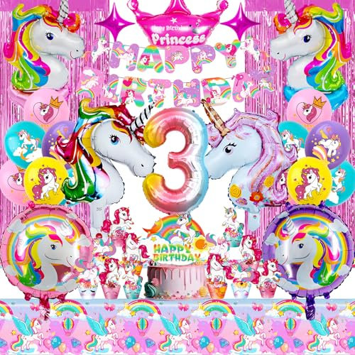 Einhorn Geburtstagsdeko Mädchen Set – 38-teiliges Party Deko Set mit Ballons, Banner, Zahl 3 – Deko Einhorn Kindergeburtstag Mädchen für Einhorn Party, Prinzessinnen-Feier