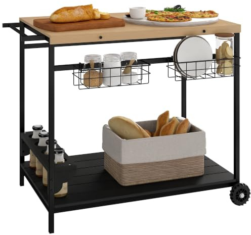 Outsunny Servierwagen Gartenrollwagen mit 2 Ebenen Natur 97,5 x 65 x 81 cm | Barbecue Trolley mit Aufbewahrungskorb, Outdoor Küchenwagen mit Griff, Becherhalter für Balkon, Tanne, Terrasse