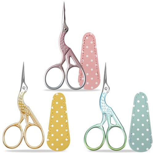 SwirlColor Stickschere 3er Set, Kleine Storchenschere Edelstahlschere für Bastelarbeiten Nähen mit Scherenüberzug aus Kunstleder