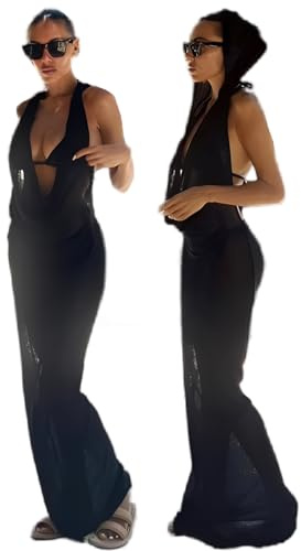JasmyGirls Copertura Sexy per Costume da Bagno con Scollo a Cowl Bikini, Maxi Abito con Cappuccio, Nero, X-Small - Small