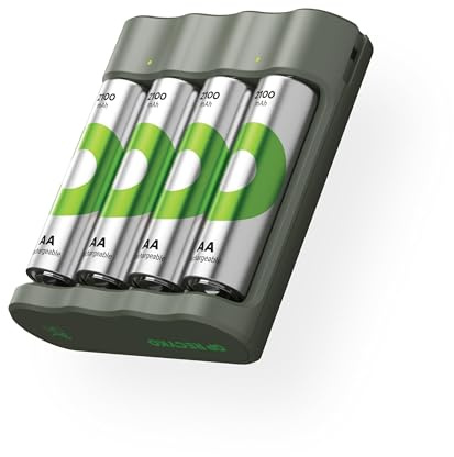 GP RECYKO - Batteria AA 2100 mAh, 4 batterie AA NiMH, 1,2 V, con caricatore USB AA AAA, modello GP B441
