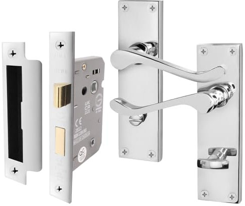 EAI Polished Chrome Victorian Scroll Bathroom Door Handle Set | 1 Pair of Internal Lever Handles on Backplate with Lock (64mm)