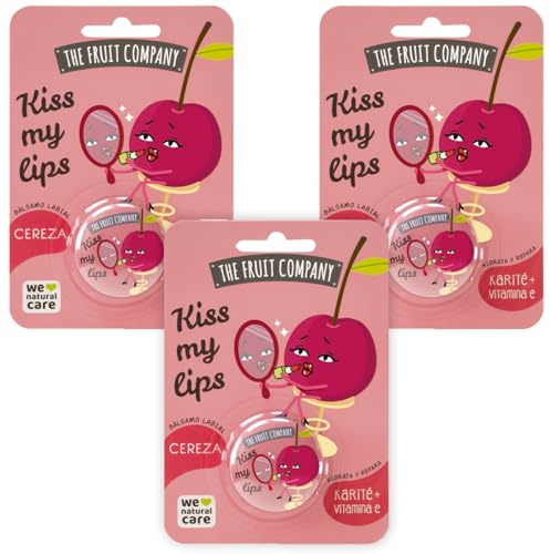 The Fruit Company Bálsamo Labial CEREZA | Hidrata y Repara con Manteca y Karité Vitamina E | Sin Aceites Minerales Kiss My Lips Pack de 3 uds