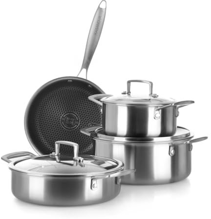 Batería de ollas Tri-ply, Set de ollas y sartenes de acero inoxidable de triple capa, Ollas antiadherentes para inducción y todos los tipos de cocina, aptas para horno hasta 220 °C. (7 piezas)