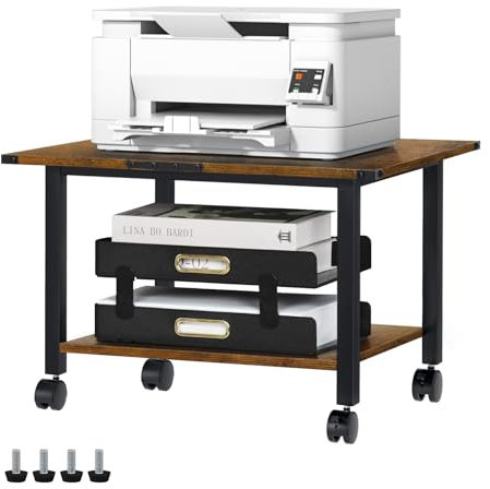 LELELINKY Tavolo per stampante con ruote, mobile a 2 ripiani, supporto per stampante industriale, scrivania con telaio in acciaio, ruote bloccabili, carrello stampante, adatto per casa e ufficio,