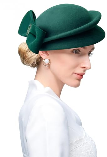 ELLYDOOR Fascinator aus Wolle, Winter, Wollfilz, Pillbox-Hut für Damen, Hochzeit, Kirchenhut, Schleier, Schleife, Fedoras