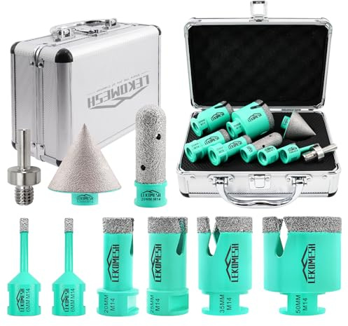 LEKOMESH Tile Hole Cutter Set - (6/6/20/25/35/50mm+20mm Finger Bit+50mm Chamfer Bit+Triangle Shank Adaptor) Diamond Tile Hole Saw Kit for Porcelain Ceramic Marble Brick Concrete,M14 Thread