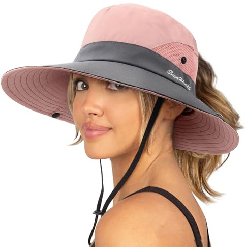 DRESHOW Damen Sonnenhut Outdoor UV-Schutz Hut faltbar Mesh breite Krempe Angeln Pferdeschwanz Strand Eimer Hüte