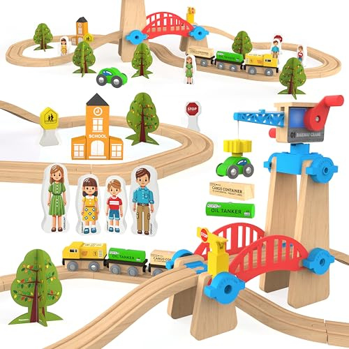 Wooden Train Set 65 Pc Build and Play Magnetic Crane Tower Bridge Construction STEM Toy Train with Tracks for Kids Compatible with Thomas Brio Melissa and Doug Railway Playset for Toddlers Starter Set