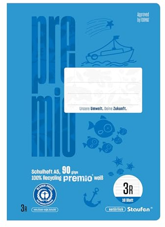 Staufen premio Skolhäfte – häfte med 16 ark, 10 stycken, DIN A5, linjerat 3R (14 dubbla linjer med kant), 90 g/m² återvunnet papper