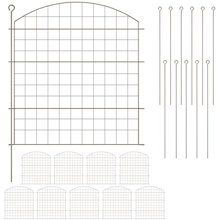 Relaxdays Teichzaun, 10 Zaunelemente, je HxB: 78 x 75 cm, Oberbogen, zum Stecken, Metall, Garten, Pool, Beetzaun, braun