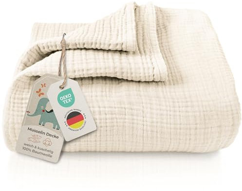 LAYNENBURG Premium Musselin Babydecke 120x120cm – 4 lagige Decke aus 100% Baumwolle - Oeko-TEX 100 - Kuscheldecke oder Schlafdecke, Pucktuch, Spucktuch für Baby, Neugeborene & Kinder (Creme)