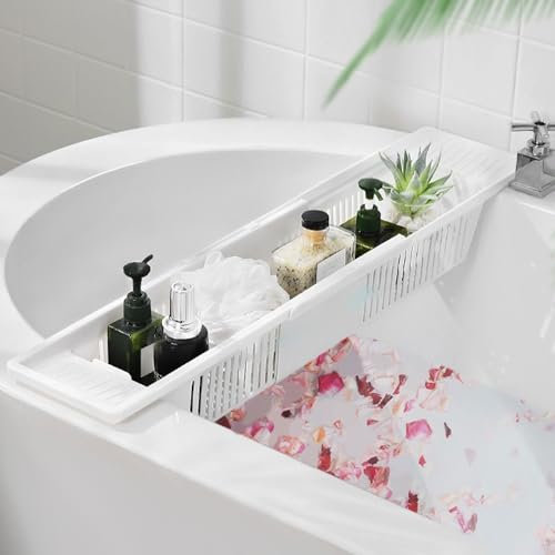 Vllentin Plateau de Bain Extensible,Support Baignoire,Tablette Baignoire Pouvant,Réglable 57-80cm,Amovibles,pour Contenir Un Téléphone,Un Verre,Une Bougie,Planche Baignoire,Accessoire