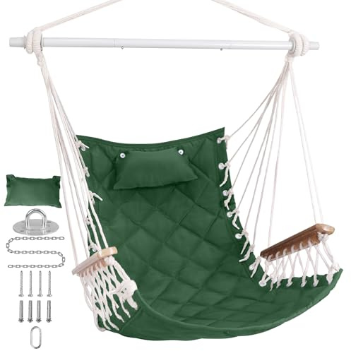 SUNWAY Hängesessel mit Armlehne aus Holz und Kissen, 159 kg Kapazität, für drinnen und draußen, Hängesessel mit Spreizstange, inklusive vollständigem Aufhängeset für Terrasse, Schlafzimmer, Veranda