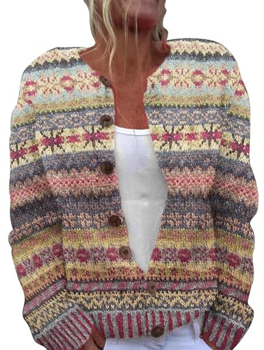 Cardigan da donna, maglione norvegese, elegante, casual, lavorato a maglia, jacquard, classico, colorato, lavorato a maglia grossa, cardigan con bottoni, cardigan da donna, giallo., XL