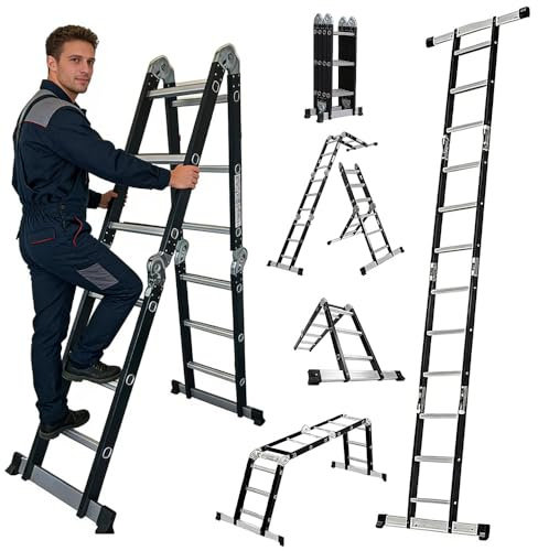 12-Tread Heavy Duty Combination Ladder with Non-Slip Step, Steel Frame & Aluminum Rungs, 150kg Maximum Load Capacity for Industrial and Home Use