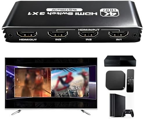 HDMI Switch 3 in 1 Out 4K 120Hz HDMI Splitter mit Fernbedienung, 8K 30Hz HDR10+ CEC HDCP2.3, Verteiler Umschalter für PS5/PS4/3, Xbox, Switch, Blu-ray, PC, Beamer, TV, Adapter Hub