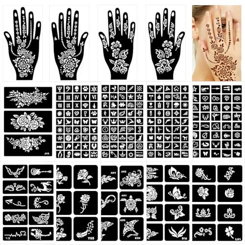 Wefaly Henna Tattoo Schablonen Set: 247 Stück Reusable Temporäre Henna Tattoo Schablonen für Hand, Fuß, Indian, Arabian Vorlagen, 14 Blätter Tattoo Set für Frauen, Mädchen, Teens Face Paint Body Art