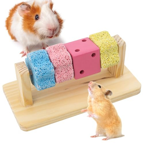 JWVGWV Guinea Pig Chew Toys for Teeth, Natural Hamster Lava Grinding Stone, Adds Calcium to Diet, Rotating Rat Enrichment Toys Wood Stand for Syrian & Dwarf Hamsters, Rats, Guinea Pig, Chinchillas