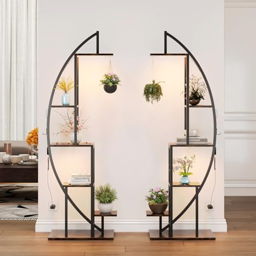 Ztexkee 1 Paar Blumenständer mit Licht Pflanzenregal mit Wachstumslicht 6 Ebenen Präsentationsständern aus Metall und Holz Blumenständer für Terrasse, Garten, Balkon, Wohnzimmer