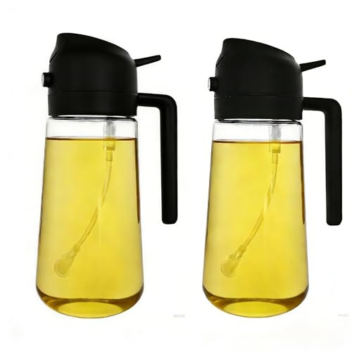 ZHIYE 2 Pack Oil Spray Bottle for Cooking, 500ML 2 in 1 Olive Oil Dispenser Sprayer for Kitchen, Premium Clear Glass Oil Pots for Air Fryer, BBQ, Salad, Black
