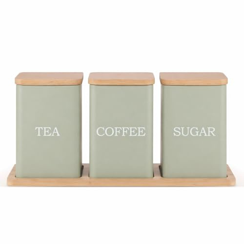 EHC Tea, Coffee, Sugar, Canister Set, Storage Canister Set with Tray - Easy to Open Airtight Lids - Storage Tea, Sugar, & Coffee - Set of 3 Canisters, Sage