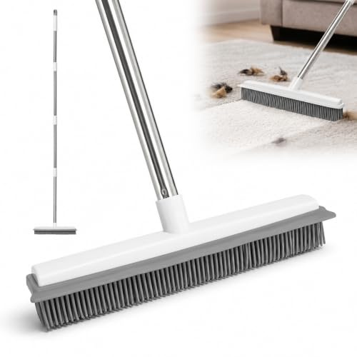 Scopa in Gomma 2 in 1 con Bordo Racchetta, Scopa per peli animali(Bianco,160 cm)