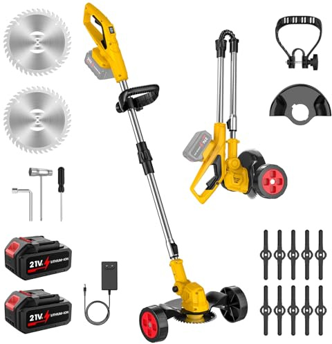Débroussailleuse Électrique sans Fil Pliable, Coupe Bordure avec roulettes, 2 Batteries 21V 3.0Ah, Moteur 500W, 12 Lames, Tête 90°, Manche Télescopique, Compatible Makita 18V, pour Jardin Pelouse