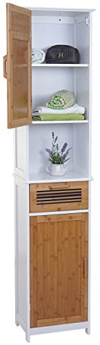 Mendler Hochschrank HWC-A85, Badschrank, 180x40x31cm, weiß, Bambus | Badregal