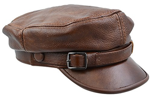 Sandy Ting Unisex Genuine Leather Greek Fisherman Sailor Fiddler Driver Hat Flat Cap Brown