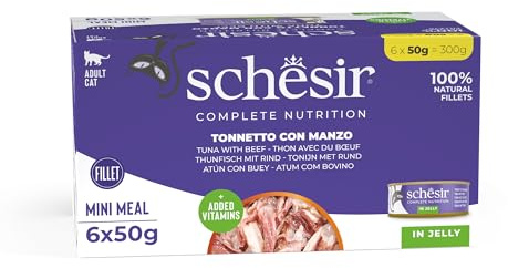 Schesir, Thunfisch mit Rind in Gelee, Vollwertiges Nassfutter für Katzen, Mit Zugesetzten Vitaminen, 100% Natürlich, Cruelty-Free, 6 x 50 g