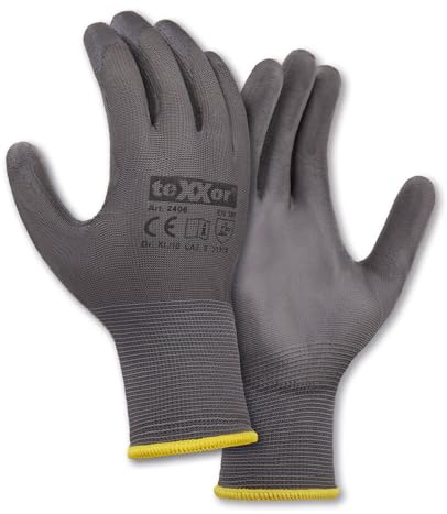 texxor 12 Stück Polyester-Strickhandschuhe 2406, PU beschichtet, Packung, grau, 10/XL