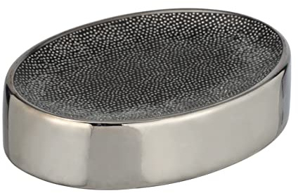 WENKO Seifenablage Nuria, Seifenschale zur Aufbewahrung von Handseife aus hochwertiger Keramik mit luxuriös-strukturierter Oberfläche in Silber/Anthrazit, 12 x 3 x 8 cm